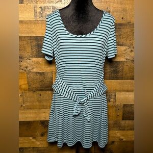 Love Fire Women's Blue Black Striped Short Sleeve Dress Large L AB 563